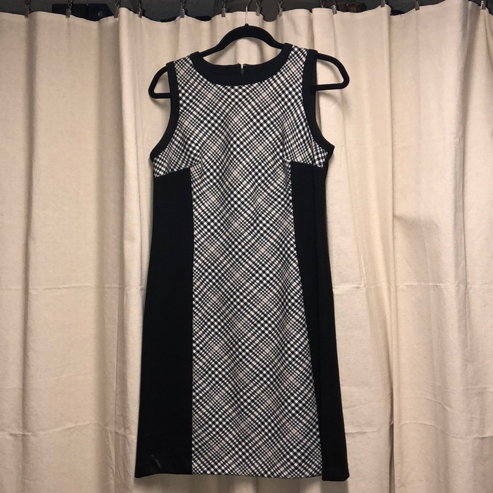 Black, white, tan houndstooth work dress